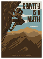 Gravity is a myth rock climbing poster template in vintage retro style with mountain background