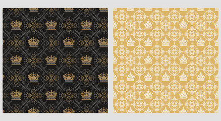 Two background patterns in Royal style. Seamless vector backgrounds. Set the template for design. Golden white and black texture. Exquisite graphic design. Graphic pattern.