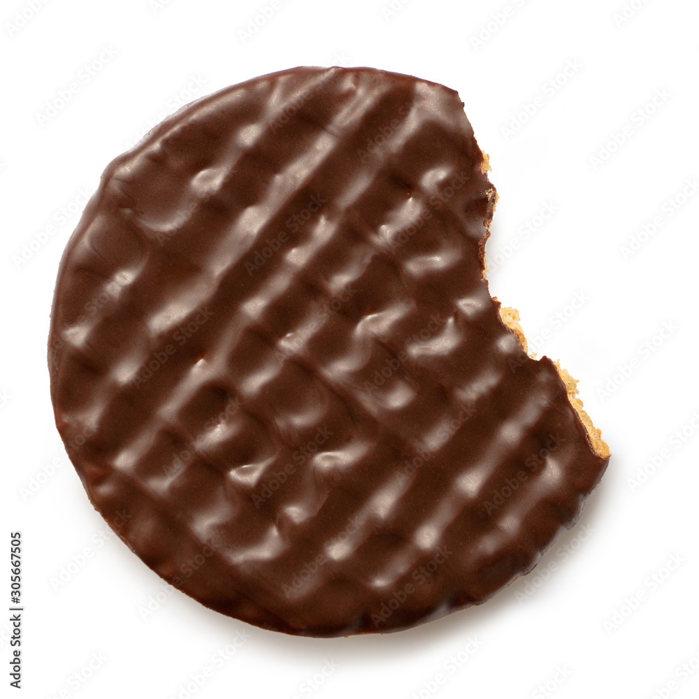 Wall mural dark chocolate coated digestive biscuit isolated on white. partially eaten. top view.