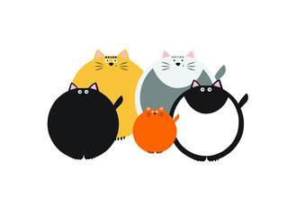 family of colored round cats on a white background (black, white, orange, gray, beige), vector illustration