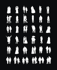 Couple in love silhouette vector big collection. Woman and man in love. Girl and boy dancing. Wedding couple, bride and groom ceremony. Senior people closeness. All generations family people set.