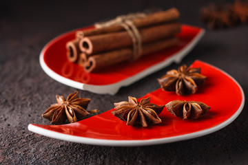 cinnamon and anise on a red split plate.