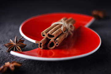 cinnamon and anise on a red split plate.