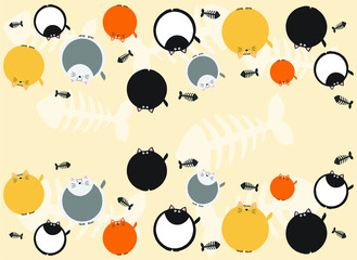 colored round cats on a beige background with fish skeletons (black, white, orange, gray, beige)(black, white, orange, beige, gray), vector illustration, pattern