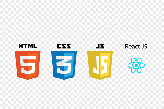 vector collection of web development shield signs: html5, css3, javascript and react