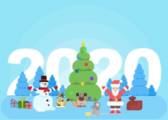 Bright card 2020 new year. christmas characters