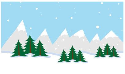 vector - winter landscape with hills and trees and snowflakes with blue sky