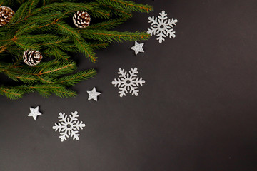 New Year gifts.2020. Snowflakes. Black background. Merry Christmas.Flatlay Xmas. Presents.Mock up.Decoration