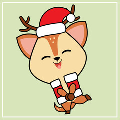 Cute Kawaii Hand Drawn Icon Clipart Deer Character Illustration With Christmas Costume - 15