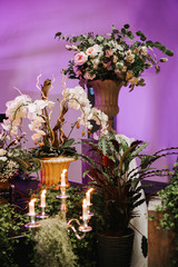 Table decoration with burning candles, white flowers. Romantic Christmas or party atmosphere.