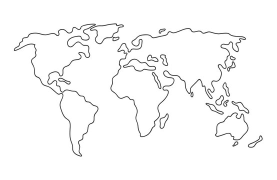 World map. Hand drawn simple stylized continents silhouette in minimal line outline thin shape. Isolated vector illustration