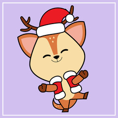 Cute Kawaii Hand Drawn Icon Clipart Deer Character Illustration With Christmas Costume - 31
