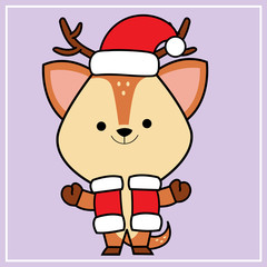 Cute Kawaii Hand Drawn Icon Clipart Deer Character Illustration With Christmas Costume - 1