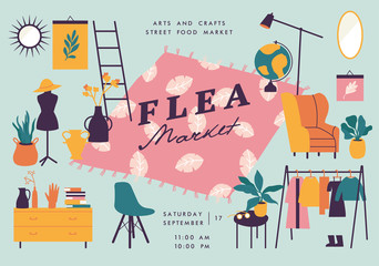 Vector illustration flea market poster with vintage clothes and accessories shop, cartoon flat design. Retail store sale invitation. Rag fair.