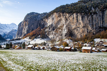 amazing touristic alpine village in winter  Lauterbrunnen  Switzerland  Europe