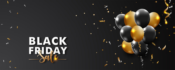 Fototapeta na wymiar Black friday sale banner, poster with realistic golden and black balloons on black backgrou with particles.