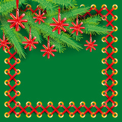 New Year background with a spruce branch decorated with toys, stars and snowflakes. Christmas tree, Pine in a frame from a red silk ribbon, tape on a green background. Holiday greeting card, Vector