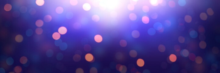 Dark violet blur background decorated shiny confetti. Festive banner. Night party abstract template. Defocused illustration. Bokeh pattern.