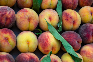 Bunch of ripe freshly picked organic peaches in pile on farmers market. Peach harvest heap. Healthy vegan raw snack. Clean eating concept. Background, top view, flat lay.