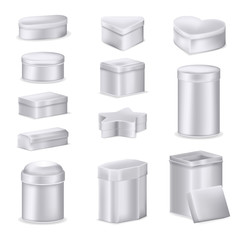 Realistic metal box mockup set. Aluminum containers boxes different shapes oval, round low jar, high cylindrical can, tea square heart star metal box for storing accessories, gifts, products vector