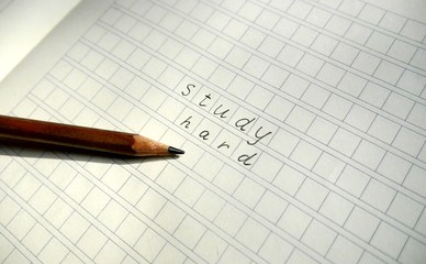 Photo of a plain wooden pencil on a notebook sheet with checks for writing characters and hand-written words Study Hard. Studying process concept. Learning process concept. Writing in an exercise book
