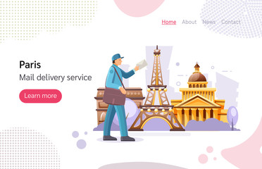 Mail delivery service. French postman work courier with bag delivering correspondence, letters to the addressee. Post office workers shipping letters landing page cartoon vector illustration
