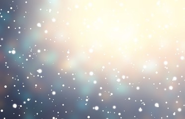 Falling snow blurry pattern. Iridescent toned backdrop. Golden shine on blue grey bokeh background. Winter decoration. Magical snowfall illustration.