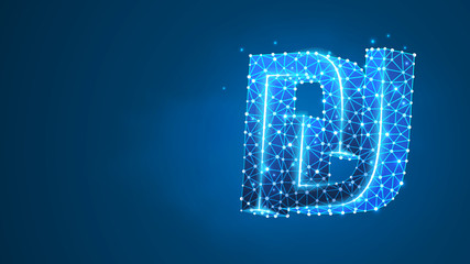 Shekel currency sign. Israel, ILS money symbol. Business, data cash, finance concept. Abstract digital wireframe, low poly mesh, Raster blue neon 3d illustration. Triangle, line, dot