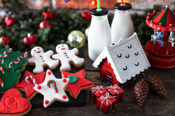 New year and Christmas ginger cookies on the rustic table