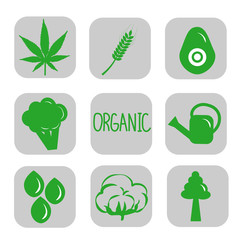 Set of ecology icons, hemp, wheat, avocado, broccoli, watering can, drops, cotton, tree