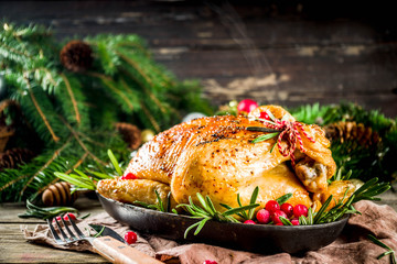 Roasted whole chicken with Christmas decoration