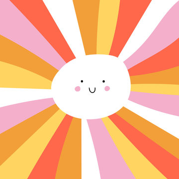 Cute and funny smiling cartoon vector sun character. Abstract sunburst ray colorful rainbow doodle vector illustration.