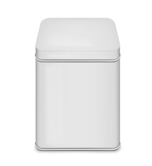 White tin box, vector mockup. Square can with lid, mock-up. Metal jar packaging for tea, coffee and other products, template