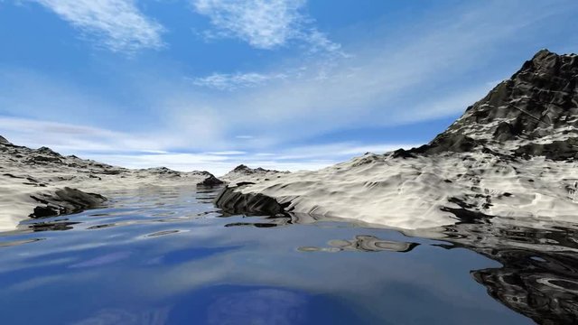 Animation over the water and through the mountains, snow on the ground and clouds in the blue sky.