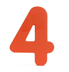 Orange educational number block 4 for children, isolated on white background