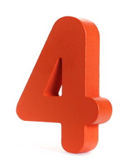 Orange educational number block 4 for children, isolated on white background