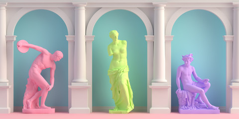 3d-illustration of interior with antique statues Discobolus, Venus, Mercury - obrazy, fototapety, plakaty