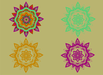 Four mandala vector image on a beige backgraund (blue, yellow, purple), vector illustration