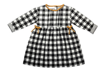 Baby girl's classic winter dress with checkered pattern isolated on white background