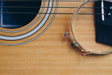 An acoustic guitar with new set of strings
