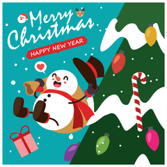 Vintage Christmas poster design with vector Snowman, reindeer, Santa Claus characters.