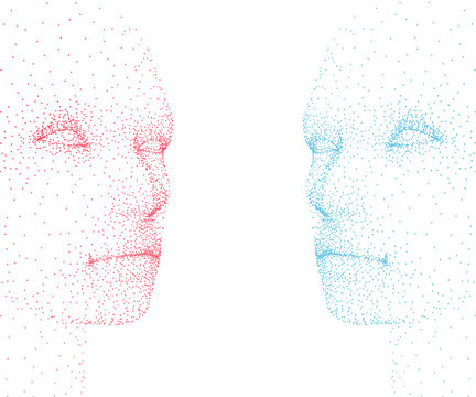 Abstract human faces made of particles. Blue and red face. Vector illustration