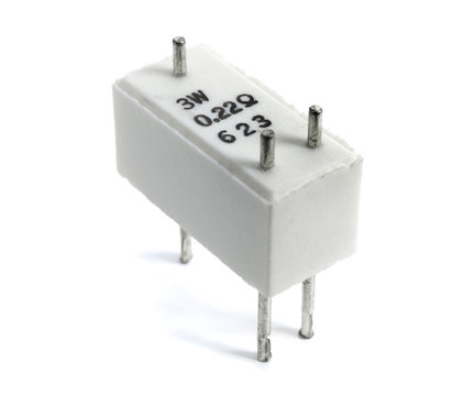 Cement power resistor with three pins on white background