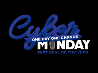 One Day One Chance biggest sale of the year. Cyber Monday Sale banner. Vector stock illustration. Trendy concept of sale design template for online shopping. Promo text with mouse.