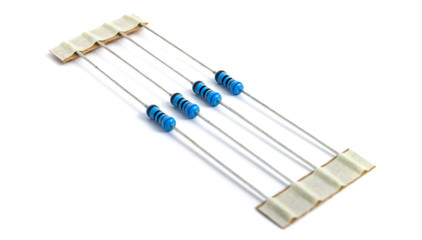 Resistor as electronic component in metal film version on white background
