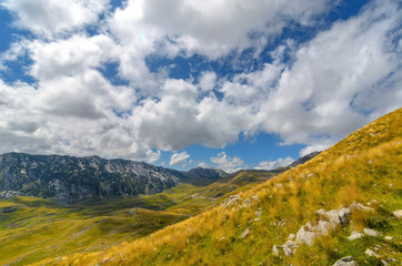 Fototapeta premium Summer mountaine landscape with cloudy sky. Mountain scenery, National park Durmitor, Zabljak, Montenegro.