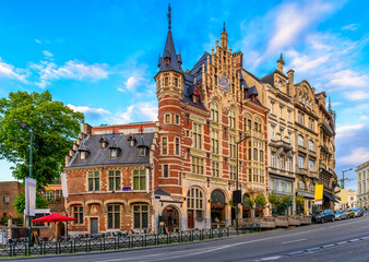 Old street in center of Brussels, Belgium. Cityscape of Brussels (Bruxelles). Architecture and landmarks of Brussels.