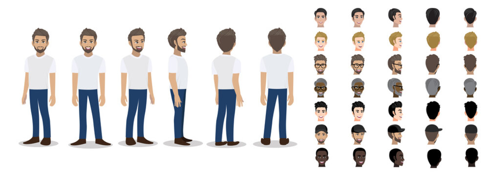 Cartoon character with a man in white casual shirt for animation. Front, side, back, 3-4 view character. Set of male head and flat vector illustration.