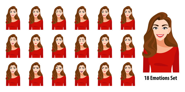 Beautiful long hair lady in red shirt with different facial expressions set  isolated in cartoon character style vector illustration Stock Vector |  Adobe Stock