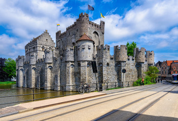 Castle Gravensteen, Ghent (Gent), Belgium.  Medieval castle Gravensteen (Castle of the Counts) in...